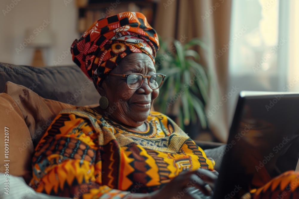 Aufkleber a person sitting on a couch using a laptop computer, possibly working or browsing