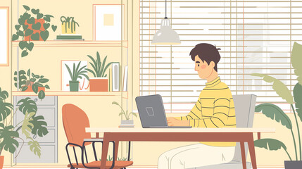 Professional freelancer working remotely on a sleek laptop in a modern minimalistic home office, surrounded by plants and illuminated by natural light through the window, showcasing productivity and s