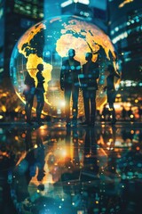 People gathered near a large world globe, ideal for education or international themes