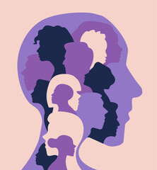 Abstract and stylized human head with multiple silhouettes of people's faces in various shades inside a man profile silhouette .