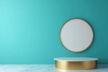 Stylish display showcasing a circular frame against a vibrant teal wall, perfect for modern interiors and product presentation
