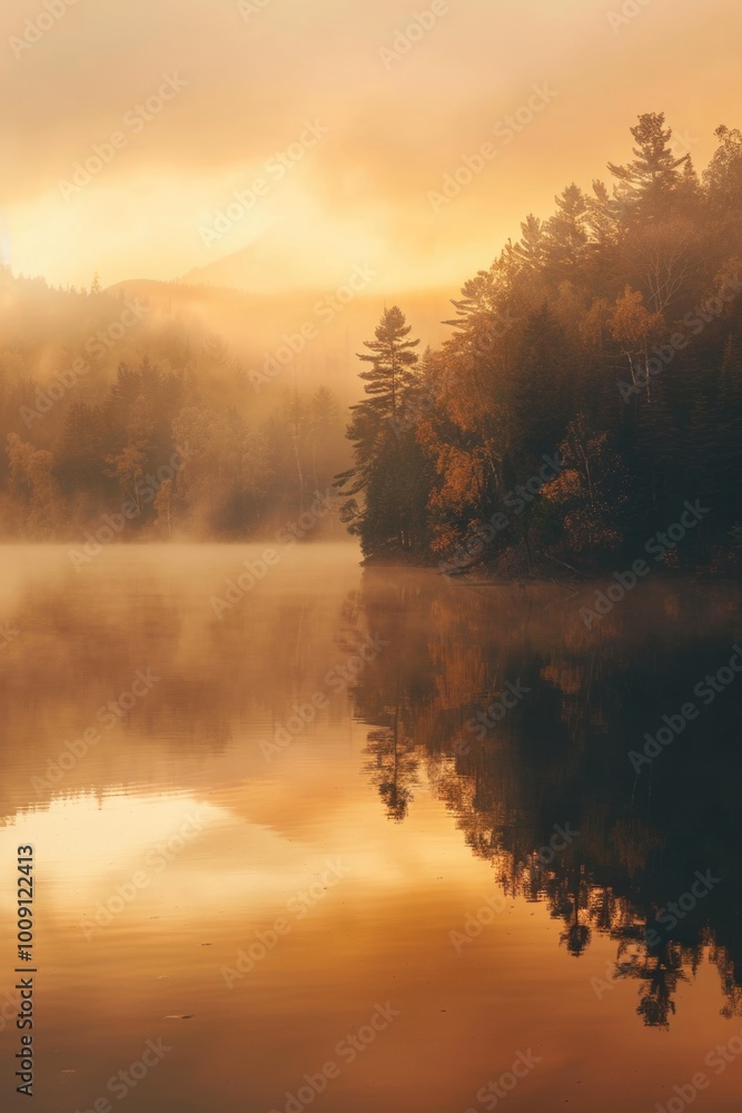 Poster a peaceful scene with a boat floating on the surface of a lake, surrounded by lush green trees