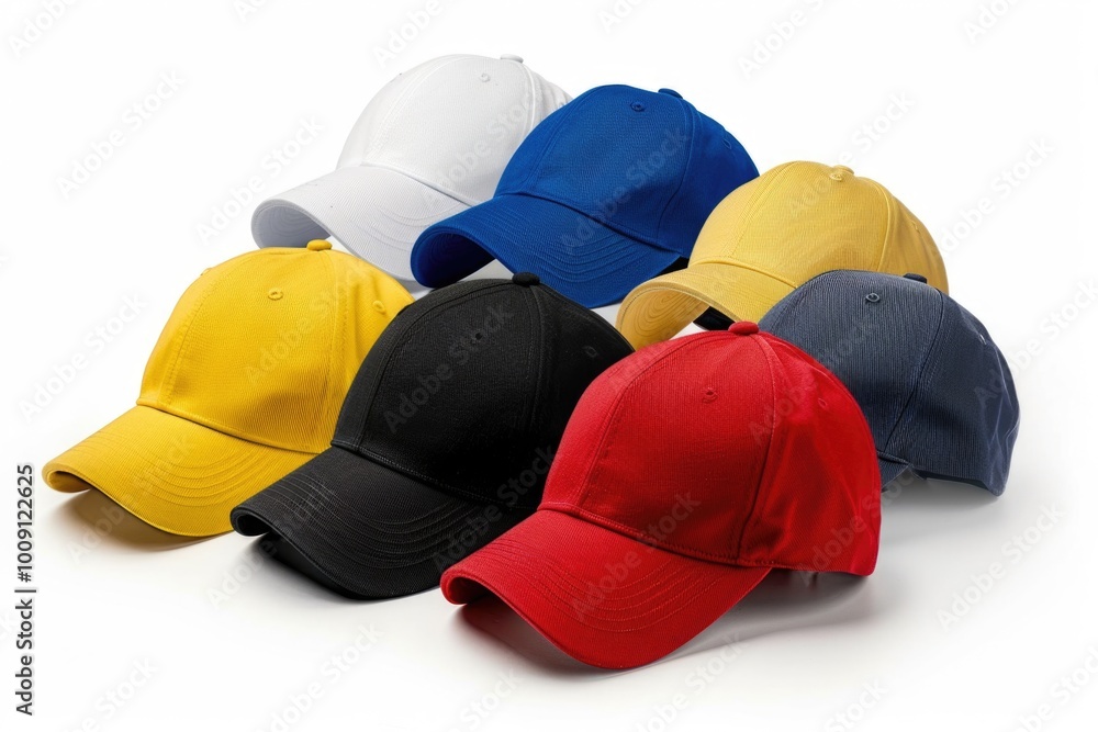 Poster a collection of baseball caps stacked on top of each other, perfect for displaying or using as props