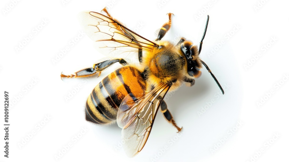 Poster A single bee on a smooth white surface with a white background, suitable for use in educational or commercial contexts