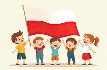 Happy children holding big flag of Poland. Polish Flag Day. Independence Day. Education for children in Poland concept.