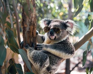 Fototapeta premium Adorable Koala Bear Wearing Aviator Sunglasses Relaxed in Eucalyptus Tree with Copy Space