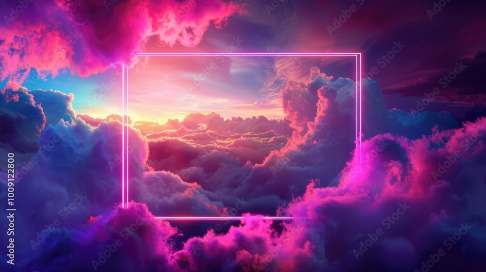 Poster A cloudy sky with a neon frame, perfect for use in futuristic or sci-fi scenes