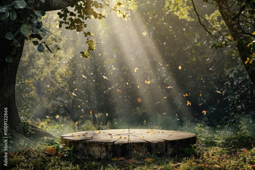 Poster a tree stump stands alone in a dense forest