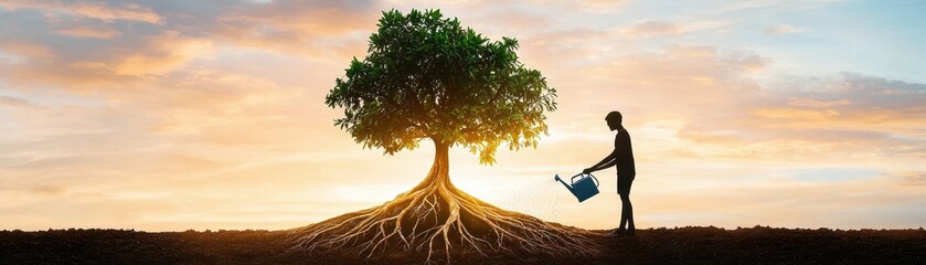 A person waters a tree with exposed roots at sunset.