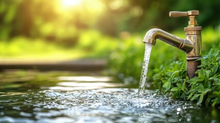 A close-up of a faucet pouring water into a pond.