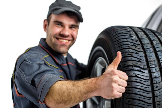 A person holding a tire with a thumbs up gesture, possibly indicating satisfaction or approval - Powered by Adobe