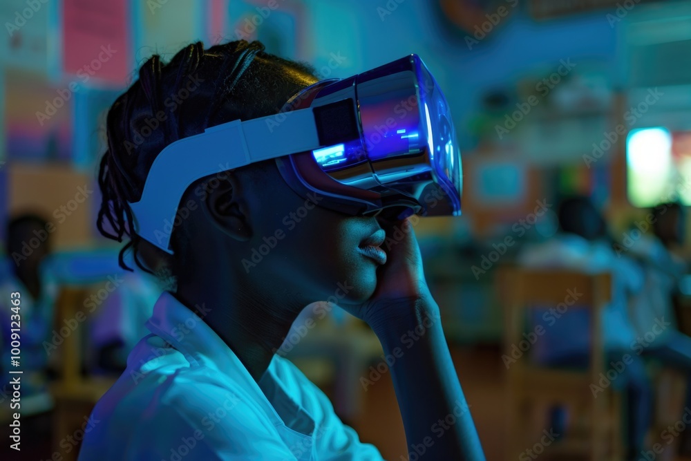 Poster a student learning with virtual reality technology in a school setting, suitable for education and t