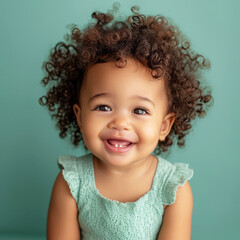 Naklejka premium Adorable baby girl with curly hair smiling joyfully in a turquoise dress with a teal background, capturing the essence of innocence and happiness