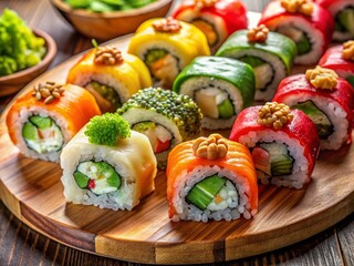 Colorful assortment of sushi rolls on a wooden platter with wasabi and ginger, tantalizing presentation