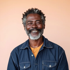 Obraz premium Portrait of a smiling salt-and-pepper-haired senior man in casual denim shirt against a peach background showcasing warmth and happiness