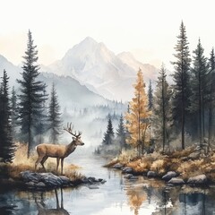 A serene landscape featuring a deer by a tranquil river, surrounded by majestic mountains and lush pine forests.