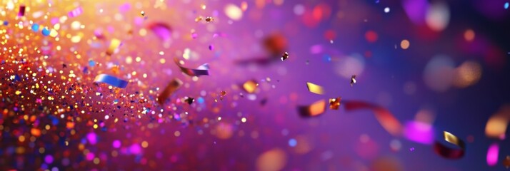 Abstract festive background with glitter, confetti, ribbons and free place for text. New Year, Christmas, birthday, holiday celebration banner