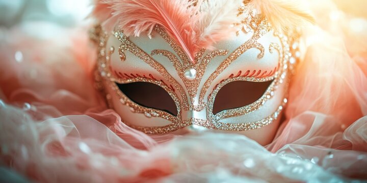 Masquerade Ball Invitation Elegantly adorned with ribbons and feathers, inviting allure in a dreamy, softly blurred setting.