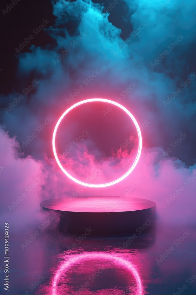 Poster A pink neon circle surrounded by fog, perfect for use as a background or to add some futuristic touch to your design