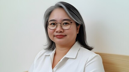 Fototapeta premium Asian woman, 50-60 years old, healthy, good looking, gray hair, wearing glasses, wearing a white shirt, sitting at a light-colored wooden sofa, relaxed and calm posture, isolated on white background, 