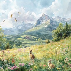 A serene landscape featuring rabbits in a blooming meadow with majestic mountains and a vibrant sky filled with birds.