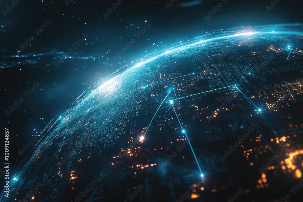 Poster a view of the earth from space at night with city lights and clouds