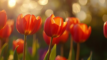 Fototapeta premium Tulips, close-up, high definition, natural light, gentle breeze, rich in details, bright colors, soft and warm, elegant