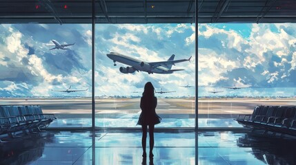 Fototapeta premium A woman standing in the airport waiting area, gazing out at the runway, as planes take off into the sky in the distance