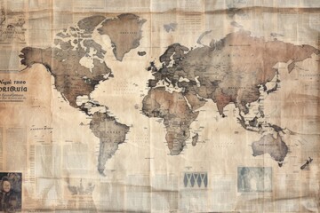 Obraz premium Ephemera style of pale world map backgrounds newspaper transportation.