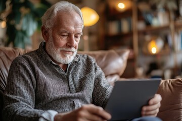 Obraz premium Happy grandfather using bank card for online payment at home, Generative AI