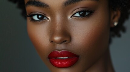 Fototapeta premium Close-up of a model with expertly applied makeup, showcasing bold lip color and defined eyebrows.