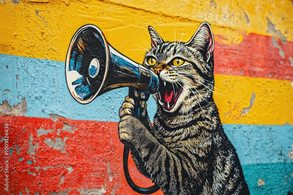 Poster a curious cat holds a megaphone, ready to make some noise