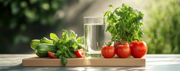 Fresh vegetables, herbs, and a glass of water, promoting a natural approach to disease prevention through clean eating
