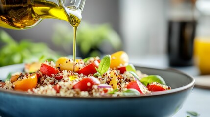 A warm bowl of quinoa salad with roasted vegetables, drizzled with olive oil, symbolizing the simplicity and wholesomeness of clean eating for overall well-being