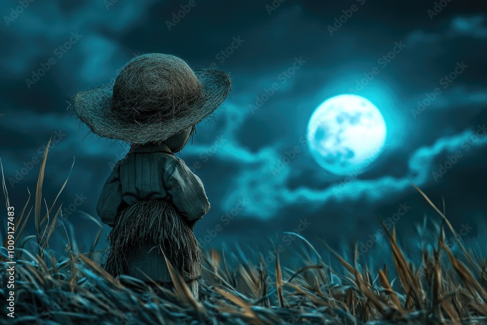 Aufkleber a person standing in a green field with a full moon shining in the background