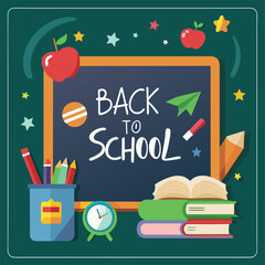 back to school poster with books and apple. Vector illustration.