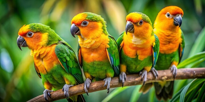 Colorful Caiques Perched on a Branch in a Lush Tropical Environment Displaying Their Vibrant Feathers