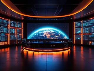 Obraz premium High-Tech Conference Room: Oval Stage with Panoramic Earth View—An Ideal Poster for Modern Sports Interiors, Showcasing Digital Art and Innovative Design with Ambient Orange Lighting