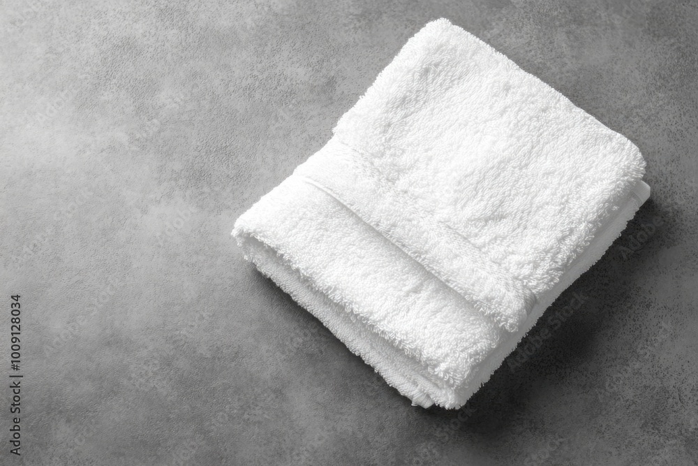 Poster a folded white towel sits on top of a clean table