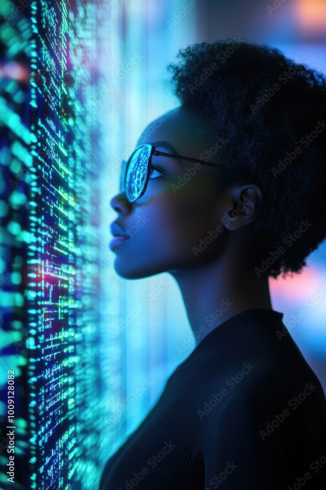 Poster a person studying information on a large screen