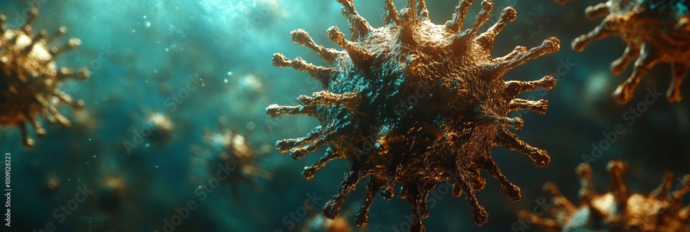 Poster intricate virus structure with blurred background, showcasing detailed spikes and a soft focus on th