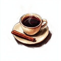 A steaming cup of coffee on a saucer with a cinnamon stick beside it.