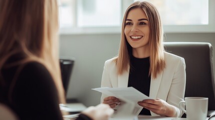 A woman in a white blazer is sitting at a desk with a woman in a black blazer