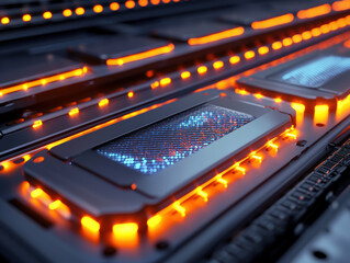 High tech battery cells with glowing edges showcase advanced technology and innovation. vibrant lights highlight intricate design, emphasizing future of energy storage