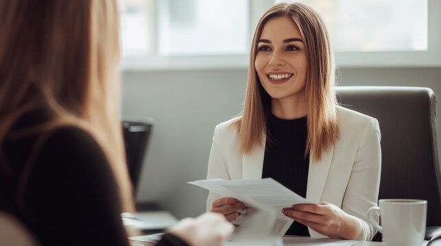 A woman in a white blazer is sitting at a desk with a woman in a black blazer