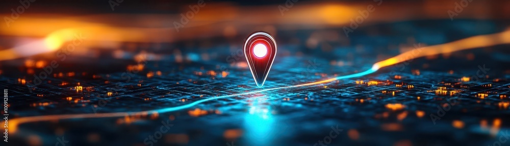 Poster gps pin marking a location on a digital map, with a route path highlighted in bright colors soft lig