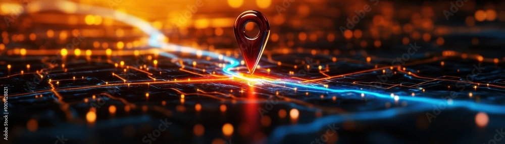 Poster gps pin marking a location on a digital map, with a route path highlighted in bright colors soft lig