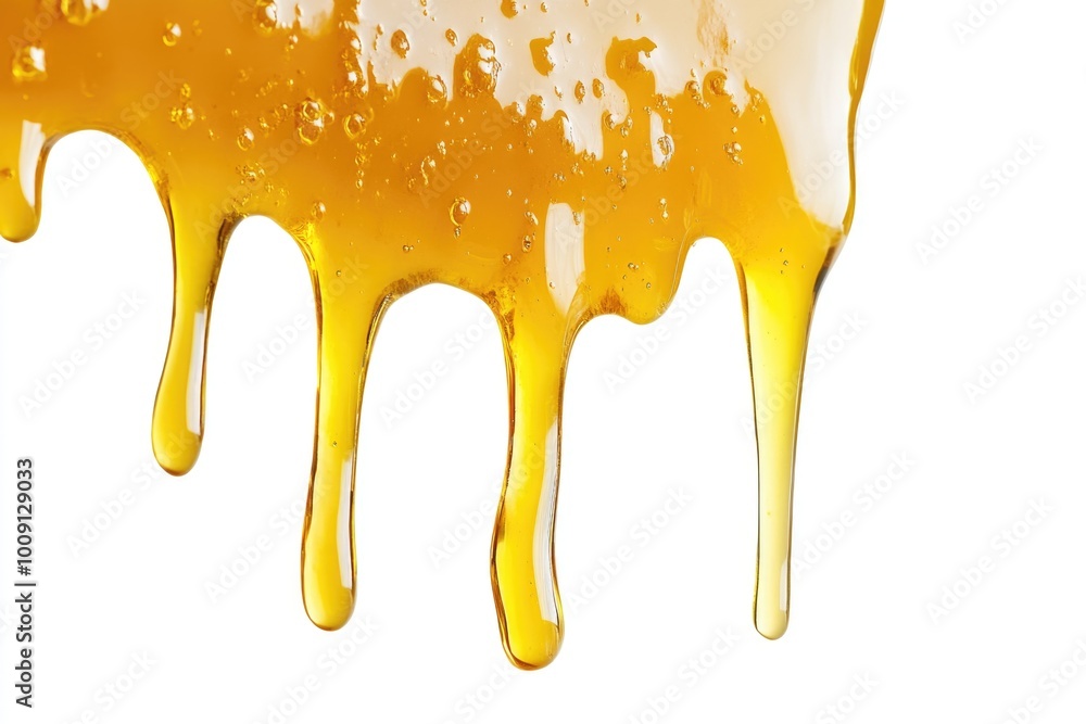 Poster close-up shot of a single drop of honey slowly falling off a spoon