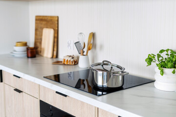 Modern kitchen with stainless steel pot on induction cooktop