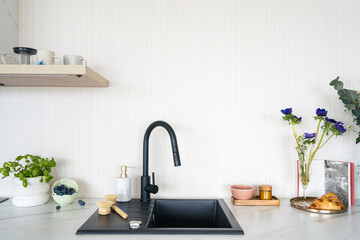 Modern kitchen sink with black faucet against white copy space wall